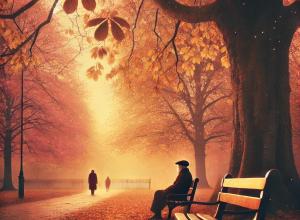 Une scène douce et mélancolique représentant un banc dans un parc, sous un grand arbre dont les feuilles tombent doucement, symbolisant le temps qui passe. Sur le banc, une silhouette solitaire regarde au loin, tandis qu'une autre silhouette semble s'éloigner sur un chemin bordé de lumière dorée. L'atmosphère est empreinte de nostalgie et d'espoir, avec des couleurs douces, un ciel teinté de nuances rosées et un léger vent qui fait frémir les feuilles.