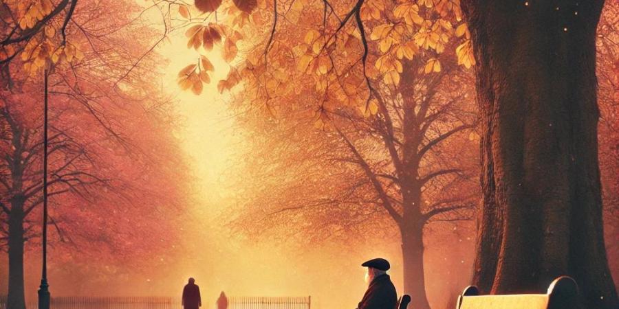 Une scène douce et mélancolique représentant un banc dans un parc, sous un grand arbre dont les feuilles tombent doucement, symbolisant le temps qui passe. Sur le banc, une silhouette solitaire regarde au loin, tandis qu'une autre silhouette semble s'éloigner sur un chemin bordé de lumière dorée. L'atmosphère est empreinte de nostalgie et d'espoir, avec des couleurs douces, un ciel teinté de nuances rosées et un léger vent qui fait frémir les feuilles.